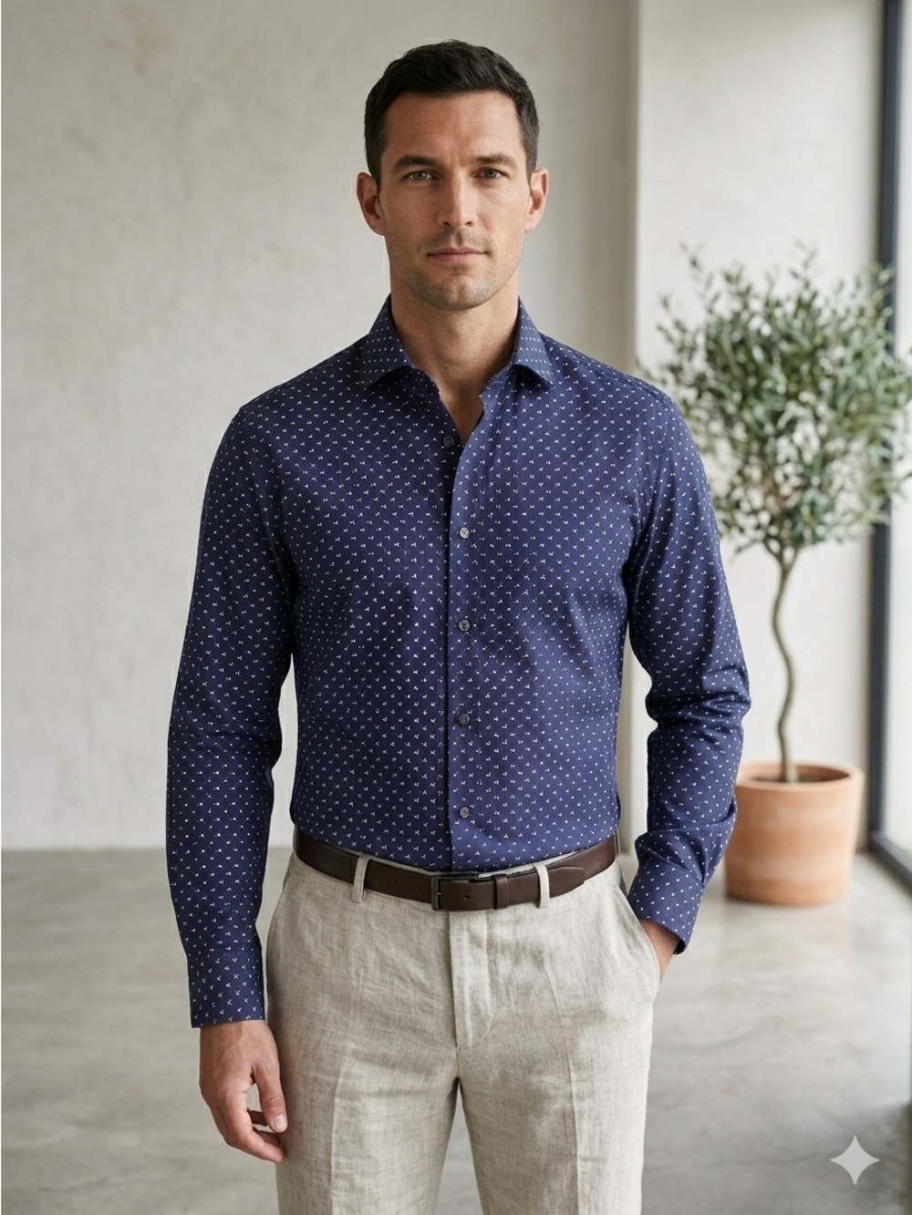 Hugo Boss Navy Blue Patterned Jason Button-Down Slim Dress Shirt - 15 (Small)
